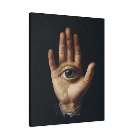 A high-contrast matte canvas print featuring a surrealist artwork. Centered against a dark, textured charcoal background, a realistic, pale hand is held up, palm forward. Embedded in the center of the palm is a detailed, light blue human eye, looking directly at the viewer. The hand emerges from a formal, dark suit cuff with a white ruffled sleeve, adding a touch of vintage, academic style. The overall mood is mysterious, gothic, and scholarly, suitable for dark academia or maximalist decor.